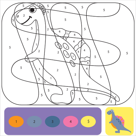 Cute dino coloring page for kids. Printable design coloring book. Coloring puzzle with numbers of color. Black and white draw with color example. - Vectorのイラスト素材