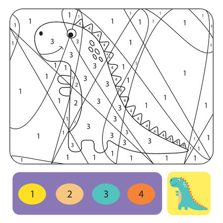 Cute dino coloring page for kids. Printable design coloring book. Coloring puzzle with numbers of color. Black and white draw with color exampleのイラスト素材