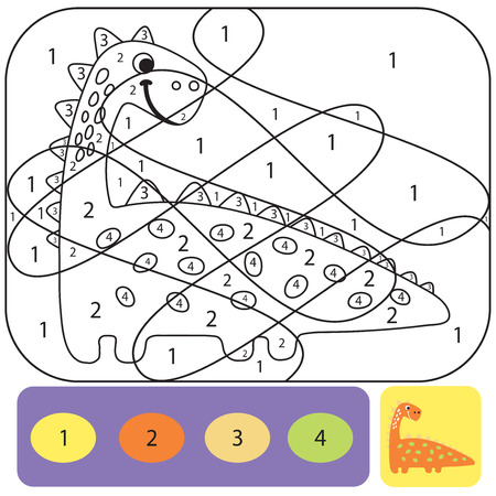 Cute dino coloring page for kids. Printable design coloring book. Coloring puzzle with numbers of color. Black and white draw with color exampleのイラスト素材