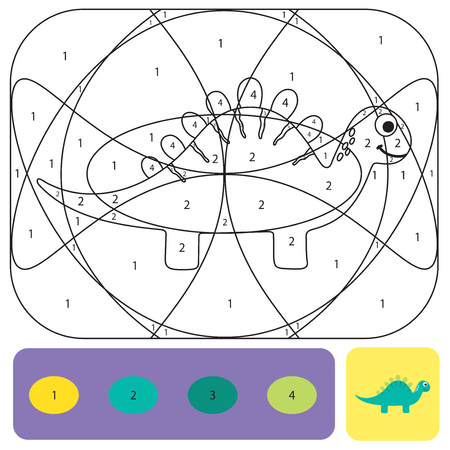 Cute dino coloring page for kids. Printable design coloring book. Coloring puzzle with numbers of color. Black and white draw with color exampleのイラスト素材