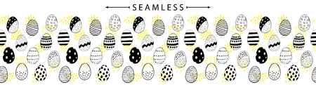 Vector horizontal seamless border with easter eggs doodles. Holiday background. Great for wallpaper, backgrounds, packaging, fabric, scrapbooking, and giftwrap projectsのイラスト素材