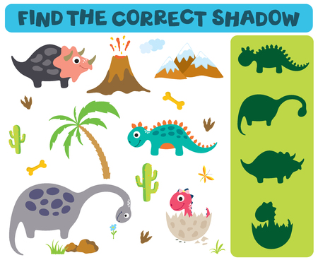 Find the correct shadow: Adorable dinosaurs isolated on white background. Dinosaur footprint, Volcano, Palm tree, Stones, Bone, Grass and Cactusのイラスト素材