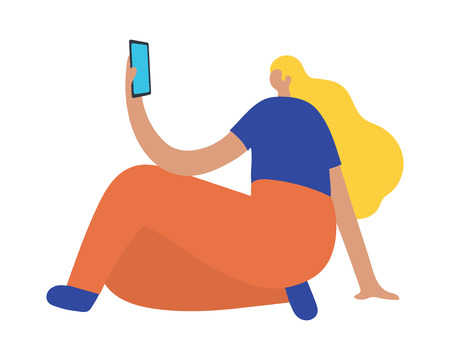 Sitting business woman holding, showing, displaying blank board, banner, poster and mobile phone. Flat style modern vector illustrationのイラスト素材