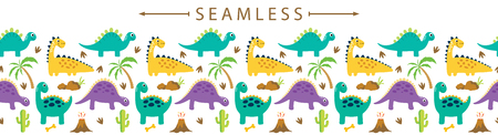 Cute dino vector horizontal seamless border. Great for wallpaper, backgrounds, packaging, fabric, scrapbooking, and giftwrap projectsのイラスト素材