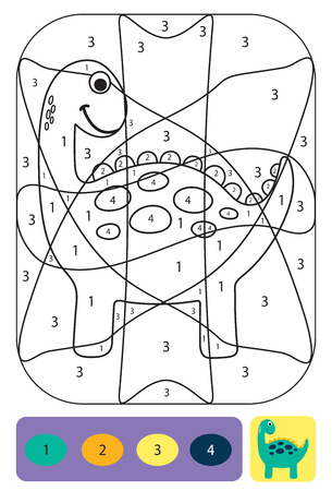 Cute dino coloring page for kids. Printable design coloring book. Coloring puzzle with numbers of color. Black and white draw with color exampleのイラスト素材