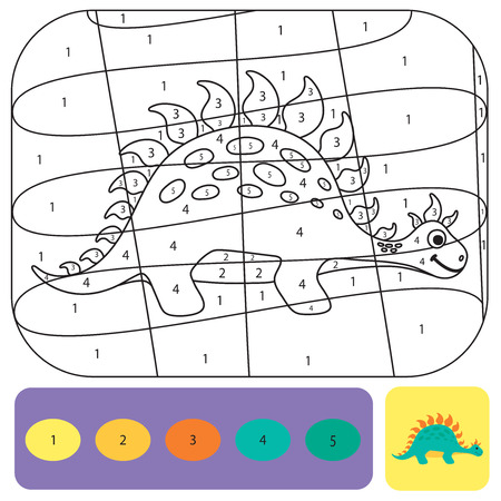 Cute dino coloring page for kids. Printable design coloring book. Coloring puzzle with numbers of color. Black and white draw with color exampleのイラスト素材