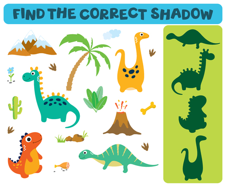 Find the correct shadow: Adorable dinosaurs isolated on white background. Dinosaur footprint, Volcano, Palm tree, Stones, Bone, Grass and Cactusのイラスト素材