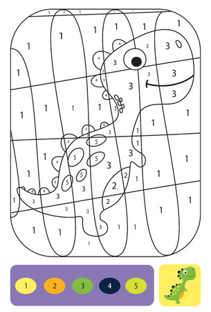 Cute dino coloring page for kids. Printable design coloring book. Coloring puzzle with numbers of color. Black and white draw with color exampleのイラスト素材