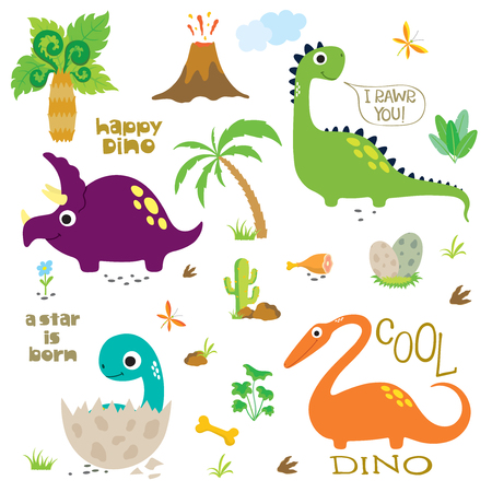 Cute dinosaurs set on white backgroundのイラスト素材