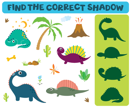 Find the correct shadow: Adorable dinosaurs isolated on white background. Dinosaur footprint, Volcano, Palm tree, Stones, Bone, Grass and Cactusのイラスト素材