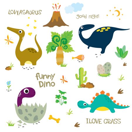 Adorable dinosaurs isolated on white background. Dinosaur footprint, Volcano, Palm tree, Stones, Bone and Cactusのイラスト素材