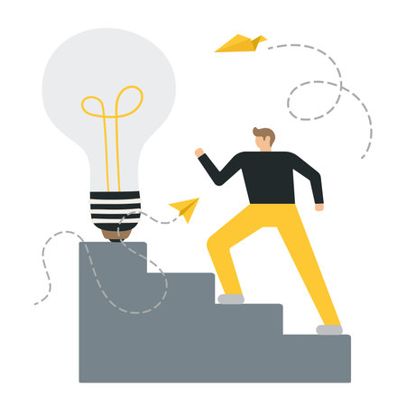 Vector flat illustration of business man, concept of success, reaching a goal, analyzing data. Flat style modern vector illustrationのイラスト素材