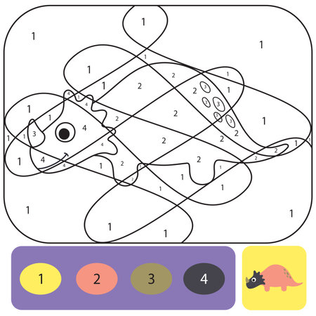 Cute dino coloring page for kids. Printable design coloring book. Coloring puzzle with numbers of color. Black and white draw with color exampleのイラスト素材