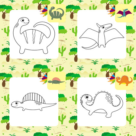 Funny cartoon dinosaurs collection. Coloring book. Vector illustrationのイラスト素材