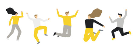 Happy group of people jumping on a white background. The concept of friendship, healthy lifestyle, success. Vector illustration in a flat styleのイラスト素材