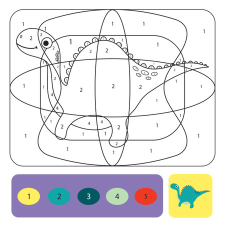 Cute dino coloring page for kids. Printable design coloring book. Coloring puzzle with numbers of color. Black and white draw with color exampleのイラスト素材