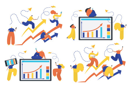Set of business people, concept of success, reaching a goal, analyzing data. Set of business people flat icons. Flat style modern vector illustrationのイラスト素材