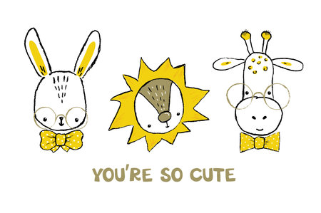 Set of Cute Animal's Faces. Hand drawn Vector Illustration. Panda, Giraffe and Bunnyのイラスト素材