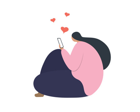 Happy Girl in Love talking on Phone. Flat Vector Illustrationのイラスト素材