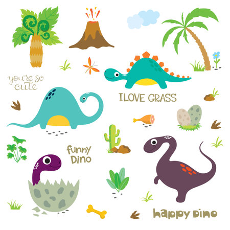 Set of Cute Dinosaur Characters with Dinosaur Footprint, Volcano, Palm Trees, Stones, Bones, Grass and Cactusのイラスト素材