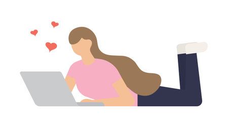 Girl laying with Laptop. Flat Vector Illustrationのイラスト素材
