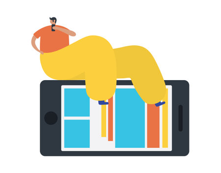 Business man holding, showing, giving a mobile phone. Flat style modern vector illustrationのイラスト素材