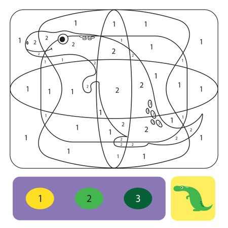 Cute dino coloring page for kids. Printable design coloring book. Coloring puzzle with numbers of color. Black and white draw with color exampleのイラスト素材