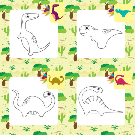 Funny cartoon dinosaurs collection. Coloring book. Vector illustrationのイラスト素材