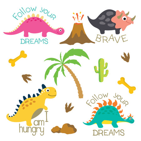 Dinosaur footprint, Volcano, Palm tree, Stones, Bone and Cactus. Vector illustrationのイラスト素材