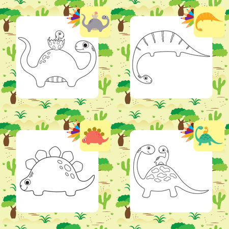 Cute cartoon dino coloring page set. Vector illustrationのイラスト素材