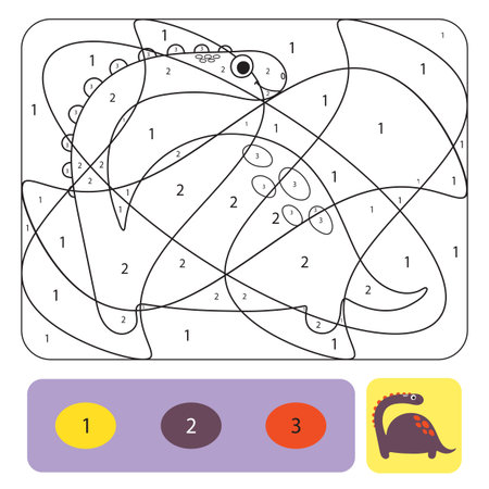 Cute dino coloring page for kids. Printable design coloring book. Coloring puzzle with numbers of color. Black and white draw with color exampleのイラスト素材