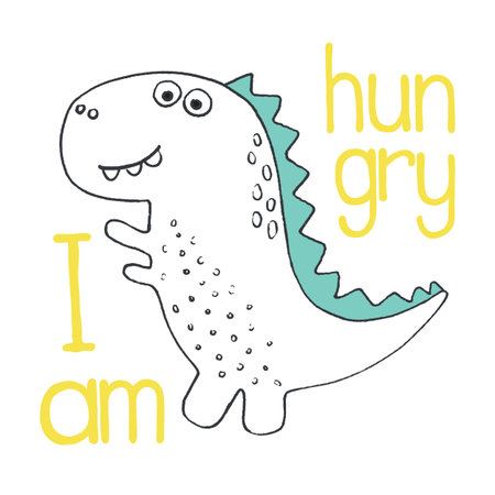 I Am Hungry. Cute Hand Drawn Dinosaur. Vector Illustration. Stylized Letteringのイラスト素材