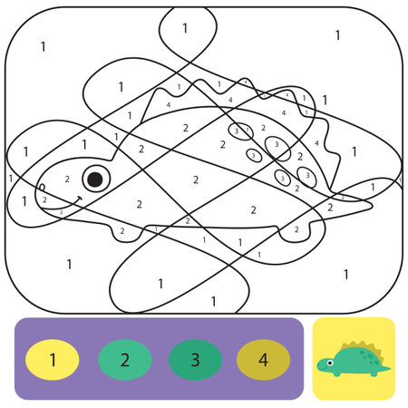 Cute dino coloring page for kids. Printable design coloring book. Coloring puzzle with numbers of color. Black and white draw with color exampleのイラスト素材