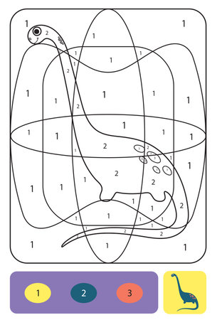 Cute dino coloring page for kids. Printable design coloring book. Coloring puzzle with numbers of color. Black and white draw with color exampleのイラスト素材