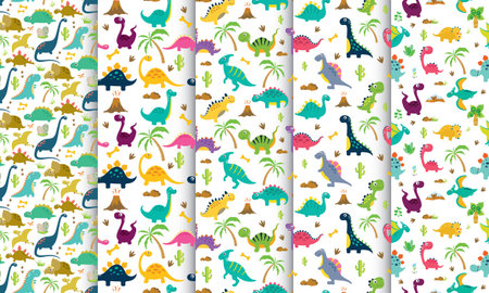 Set of cute dinosaur seamless patterns.のイラスト素材