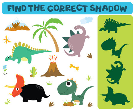 Find the correct shadow: Adorable dinosaurs isolated on white background. Dinosaur footprint, Volcano, Palm tree, Stones, Bone, Grass, Butterfly and Cactusのイラスト素材