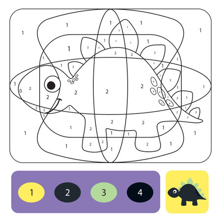 Cute dino coloring page for kids. Printable design coloring book. Coloring puzzle with numbers of color. Black and white draw with color exampleのイラスト素材