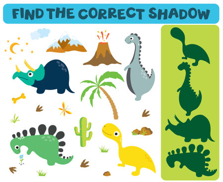 Find the correct shadow: Adorable dinosaurs isolated on white background. Dinosaur footprint, Volcano, Palm tree, Stones, Bone, Grass, Butterfly and Cactusのイラスト素材