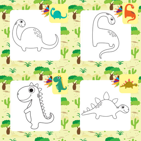 Cute cartoon dino coloring page set. Vector illustrationのイラスト素材