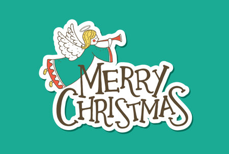 Merry Christmas Lettering with an Angel. Sticker Design. Vector Illustrationのイラスト素材