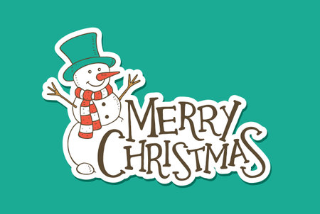 Merry Christmas Lettering with a Snowman. Sticker Design. Vector Illustrationのイラスト素材