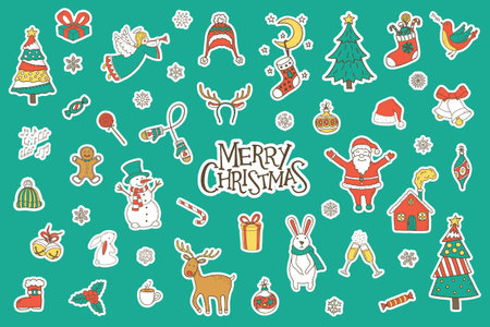 Merry Christmas Stickers Set. Vector illustrationのイラスト素材