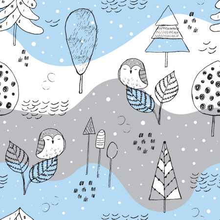 Seamless pattern in scandinavian style. Winter forest with trees and owls. Perfect for paper, cover, fabric, interior decorのイラスト素材