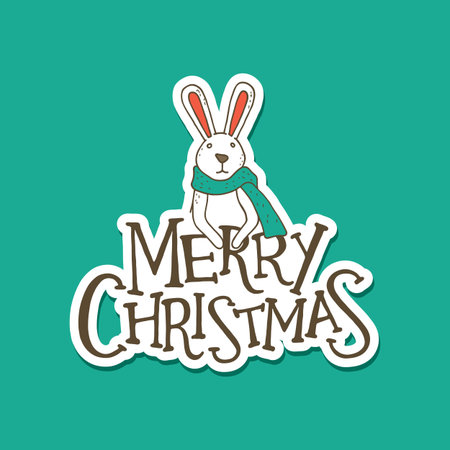 Merry Christmas Lettering with a Rabbit. Sticker Design. Vector Illustrationのイラスト素材