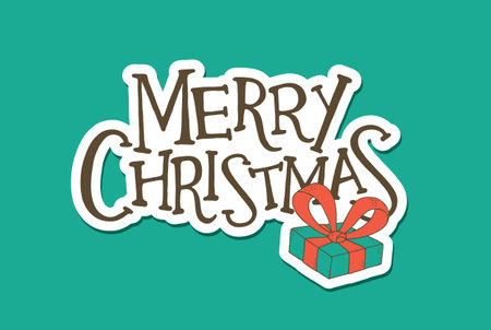 Merry Christmas Lettering with a Gift. Sticker Design. Vector Illustrationのイラスト素材