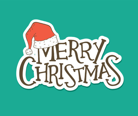 Merry Christmas Lettering. Santa Hat. Sticker Design. Vector Illustrationのイラスト素材