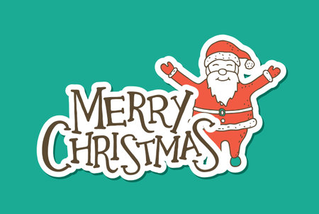 Merry Christmas Lettering with Santa. Sticker Design. Vector Illustrationのイラスト素材