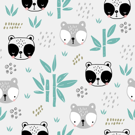 Seamless pattern with funny panda bear faces. Perfect for fabric, wrapping, textile, wallpaper, apparel. Vector illustrationのイラスト素材