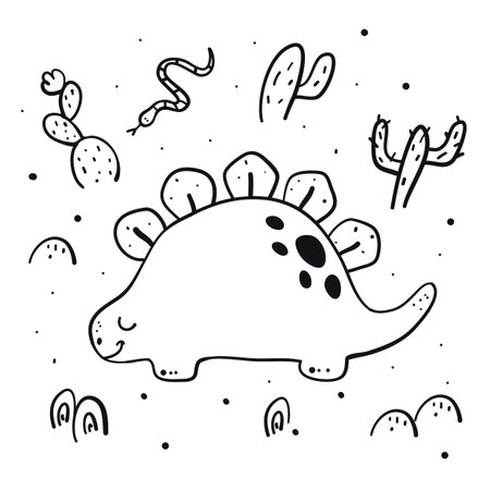 Cute dinosaur in a desert. Coloring page. Vector illustrationのイラスト素材