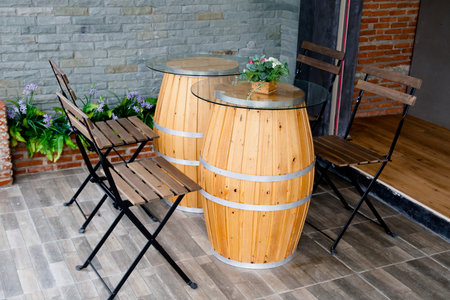 chair and Oak Barrel table in Restaurantの写真素材